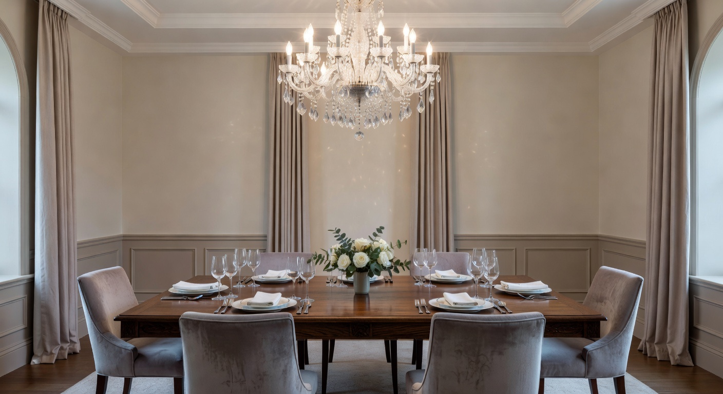 Comedor elegante con araña de luces — EuropaCasa